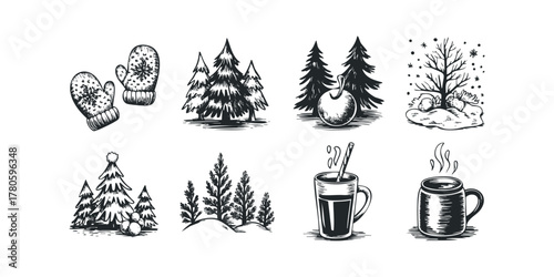 Winter woodland scene with warm drink and mittens