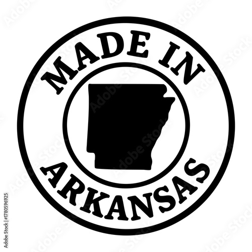 vector round stamp with bold black outline and arkansas state silhouette inside circular frame text made in arkansas minimal patriotic badge for packaging label print t shirt branding