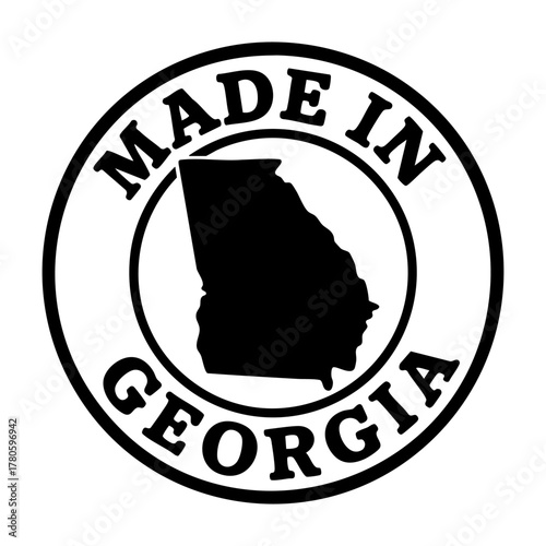 vector round stamp with bold black outline and georgia state silhouette inside circular frame text made in georgia minimal patriotic badge for packaging label print t shirt branding and product design