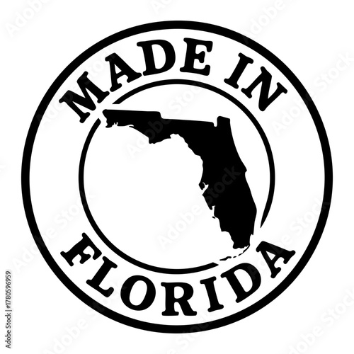 vector round stamp with bold black outline and florida state silhouette inside circular frame text made in florida minimal patriotic badge for packaging label print t shirt branding