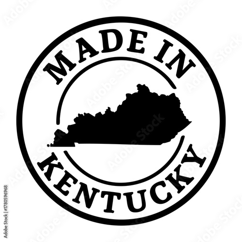 vector round stamp with bold black outline and kentucky state silhouette inside circular frame text made in kentucky minimal patriotic badge for packaging label print t shirt branding