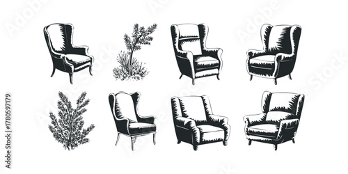 Collection of Wingback Chairs and Botanical Sprigs
