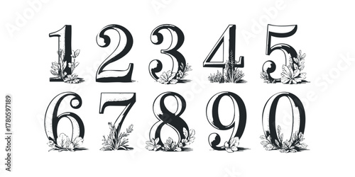 Ornate numbers with floral embellishments and leaf accents