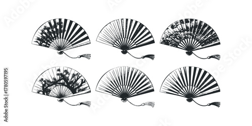 Set of six traditional folding fans with ornate patterns