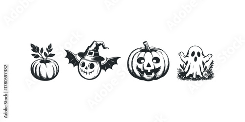 Set of Halloween characters including carved pumpkin and ghost