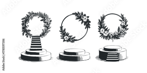 Floral Wreaths on Pedestals in Hand Drawn Style