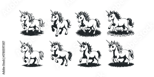 Set of eight unicorn figures in various poses