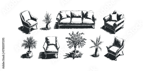 Collection of upholstered furniture and potted plants