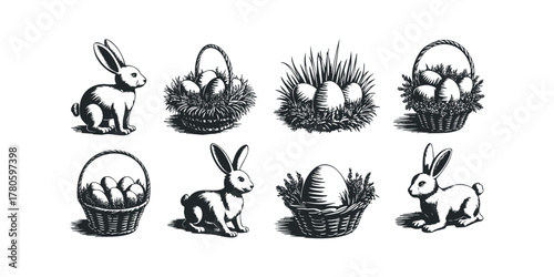 Collection of stylized rabbits and Easter egg baskets
