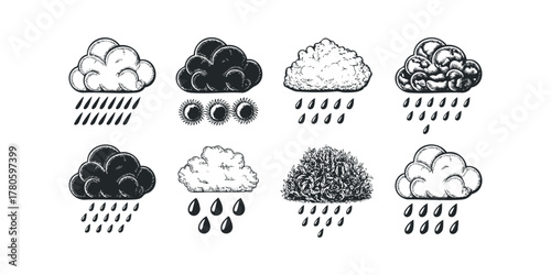 Hand drawn weather icons showing rain clouds and sunshine