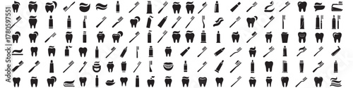 set of Toothpaste and brush solid icon, International dentist day concept, Hygiene of the mouth sign. Vector Black silhouettes. with white background