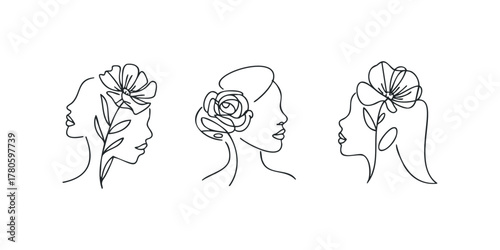 Line art feminine profiles with floral accents
