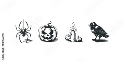 Halloween symbols with spider, jack o lantern, candle and crow