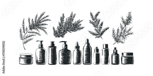 Collection of skincare bottles and botanical elements