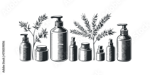 Set of apothecary bottles and botanical sprigs