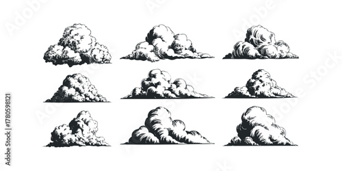Collection of Textured Cumulus Cloud Illustrations on White Background