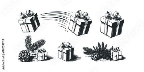 Gift boxes with pine branches and cones