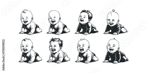Collection of Eight Happy Laughing Babies Crawling