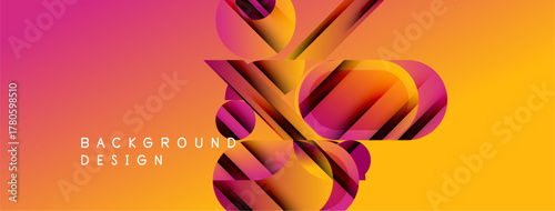 Abstract geometric shapes create dynamic background. Vibrant colors blend, offering modern visual experience. Design features layered forms, gradients.