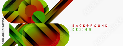 Abstract geometric shapes overlap, creating vibrant color gradients. Red, green, brown hues dominate design. Modern, dynamic composition.