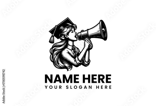 A scholarly woman in a graduation hat making a public declaration with a megaphone in a classic vintage style