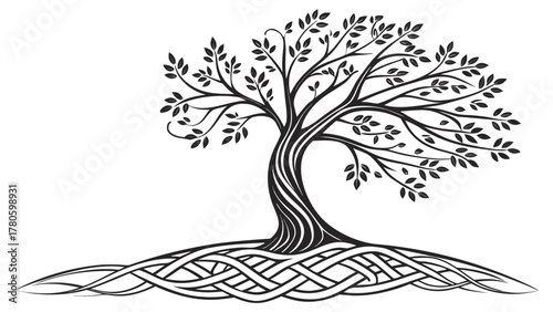 Stylized tree of life with intertwined roots