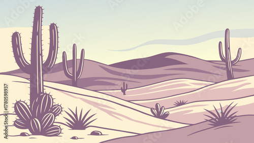 Illustration of a desert landscape with cacti and sand dunes in the distance