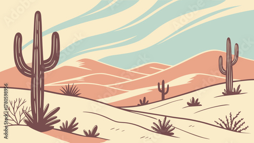 Illustration of a desert landscape with cacti, sand dunes, and a blue sky above