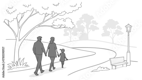 Illustration of a family walking in a park with trees and a lamp post nearby