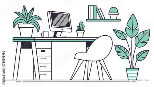 A modern home office setup with a desk, computer, and plants