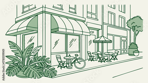 Outdoor cafe scene with tables, chairs, and plants on a city street