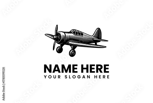 Classic Vintage Propeller Airplane Illustration in Monochrome Style, Perfect for Retro Aviation Logos and Design Projects Representing Historical Flight and Adventure