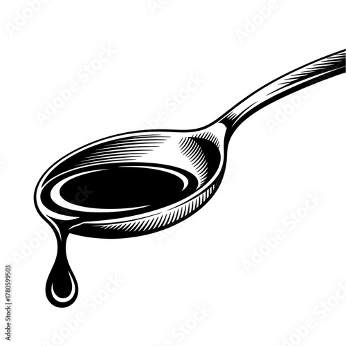Spoonful of Dark Liquid with Dripping Drop in Black and White Sketch Style Illustration