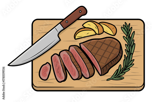 Delicious grilled beef steak with roasted potatoes and rosemary on a wooden cutting board illustration for culinary art