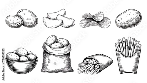 Potato Vector Set Hand Drawn Illustration of Potatoes French Fries and Potato Chips Perfect for Menu Design and Food Illustrations