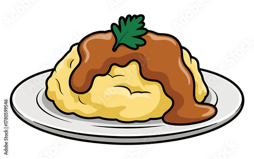 Delicious Mashed Potatoes with Gravy and Parsley on a White Plate Cartoon Illustration