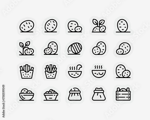 Collection of potato line icons representing different forms and preparations with various culinary applications suitable for recipe illustrations and food related design projects