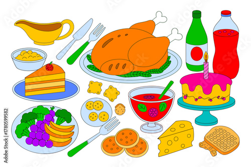 Festive Thanksgiving or Holiday Dinner Feast with Turkey and Dessert Abundance Concept