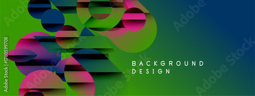 Abstract geometric shapes overlap, creating vibrant gradient background. Green transitions to blue, pink accents present. Text reads background design.