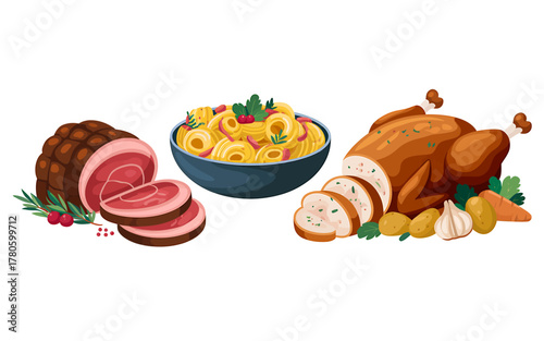 Festive Holiday Dinner with Roast Turkey Rolled Ham and Pasta in a Bowl Delicious Christmas Feast Preparation