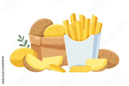 Delicious French Fries and Fresh Potatoes Still Life Illustration with Paper Bag and Green Leaf for a Healthy Food Lifestyle
