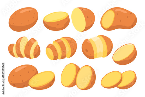 Cartoon Potato Collection with Sliced and Whole Potatoes for Culinary and Recipe Illustrations