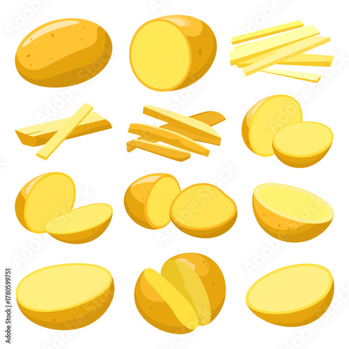 Illustrative Potatoes Fresh and Cooked Cut and Whole in a Whimsical Food Presentation