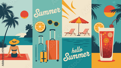 Summer Vacation Banner Set in Retro Style with Tropical Beach and Cocktail Design Elements for Travel Promotion