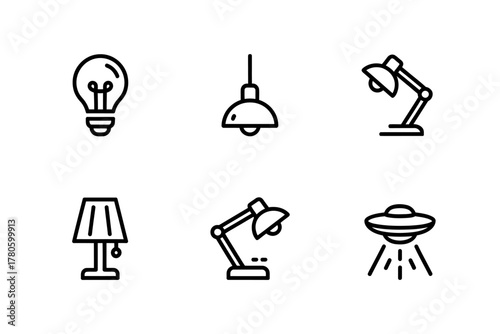 Variety of Lighting Icons Including Bulb Pendant Table Lamp and UFO Illustration