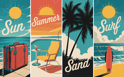 Retro Style Summer Vacation Posters Featuring Beach Getaways and Relaxing Holiday Scenes with Vintage Appeal