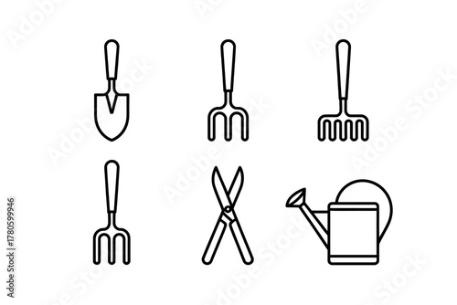 Minimalist Garden Tools Icon Set with Shovel Rake Pruning Shears and Watering Can Simple Black and White Line Art