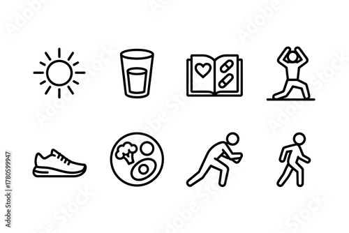 Health and Wellness Icons Set Representing a Healthy Lifestyle Routine and Maintaining Physical and Mental Well Being