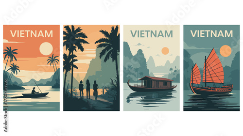 Collection of Vector Vietnam Travel Posters with Traditional Scenery and Boats Featuring Tropical Landscape Vacation and Tourism Concept