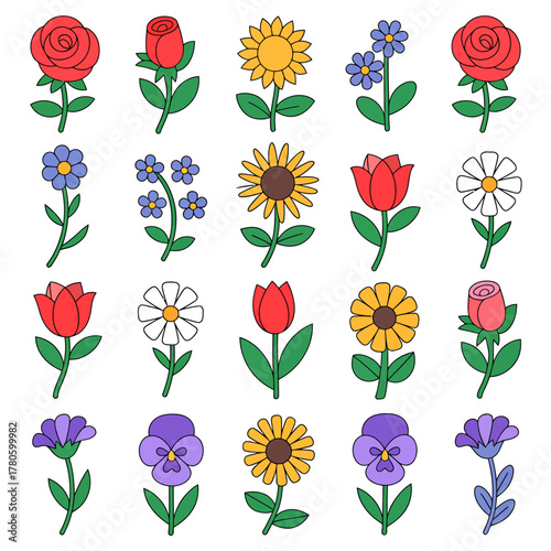 Colorful flower illustration depicting diverse botanical species including roses tulips sunflowers and daisies in a cheerful design